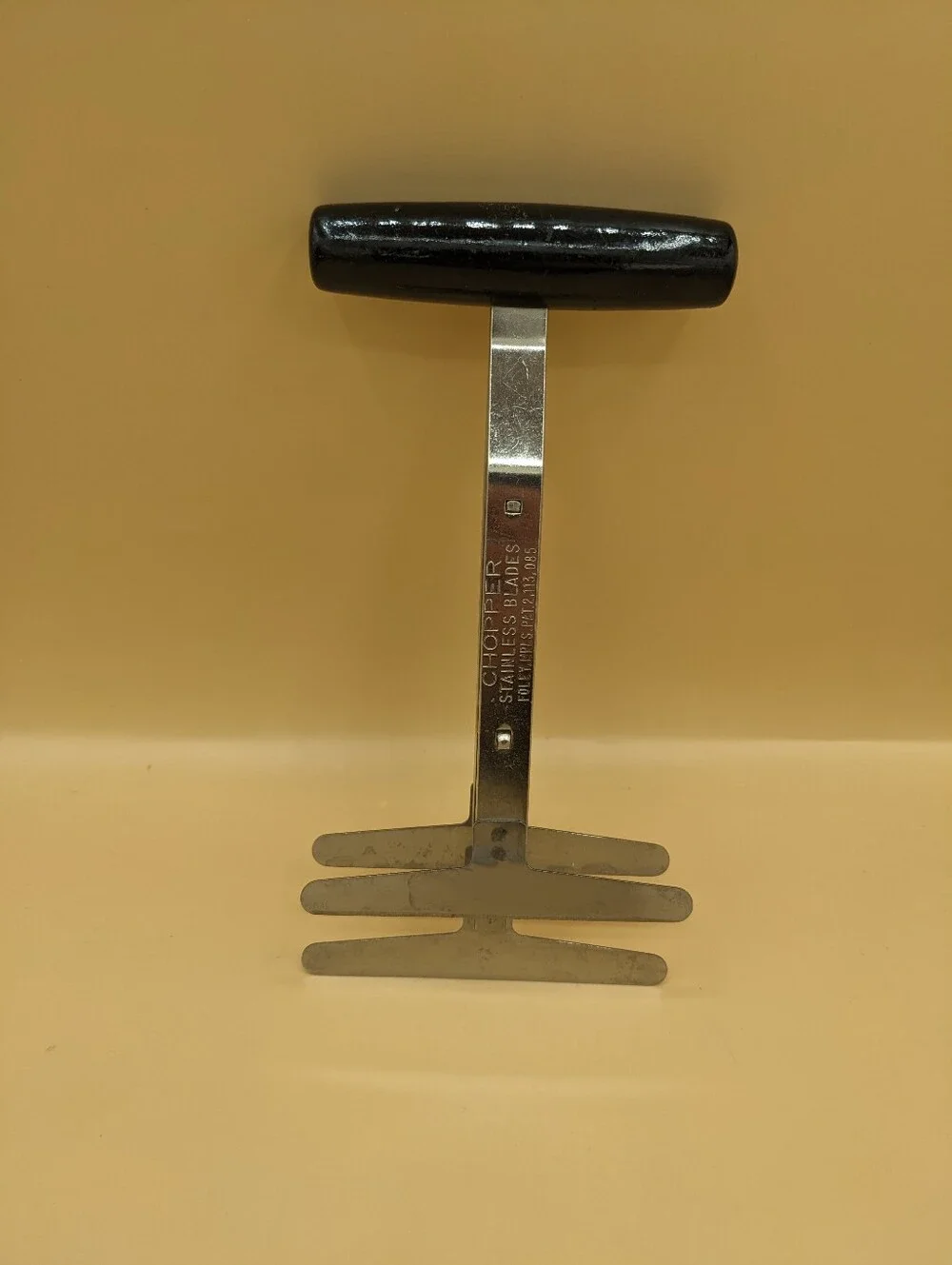 Vtg Foley Food Chopper Spring Loaded 3-Blade  Manual Stainless Black Handle USA